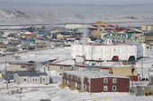 Residential buildings and the junior school across to the airport in Iqaluit. Nunavut, Arctic Canada. 2008
