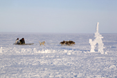 A dog sled passes behind an Inukshuk made of snow out on the sea ice at Igloolik. Nunavut, Canada. 2008