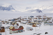The Inuit community of Pangnirtung with the frozen Pangnirtung Fiord in the background. Nunavut, Canada. 2008