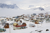 The Inuit community of Pangnirtung with the frozen Pangnirtung Fiord in the background. Nunavut, Canada. 2008