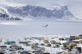 A Dash-8 Aircraft on final approach to land at the Inuit community of Pangnirtung. Nunavut, Canada. 2008