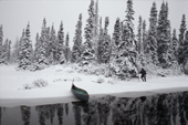 In bad autumn weather, Pinip, an Innu hunter, checks his traps out in the forest. Southern Labrador, Canada. 1997