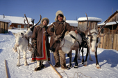 Andrei Konoriornok and his wife Marta, An Evenki couple, with their draft reindeer in Surinda. Evenkiya, Central Siberia, Russia. 1997