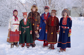 Sami women wearing replicas of traditional Kola Peninsula Sami dress. Sami Culture Centre, Lovozero. Murmansk, NW Russia. 2005