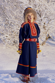 A Sami woman wearing a replica of traditional Kola Peninsula Sami dress. Sami Culture Centre, Lovozero. Murmansk, NW Russia. 2005