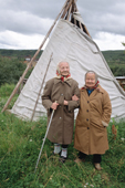 Fyorkla Chaporova (left), an 82 year old Sami woman with her younger sister, Paulina (80), from the village of Shongui. Kola Peninsula, NW Russia. 2005