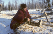 Alexandre Serotetto, a Nenets reindeer herder, making a sled. Yamal, Siberia, Russia