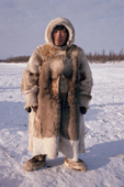 Pappas Serotetto, am elderly Nenets man, wearing traditional winter reindeer skin clothing. Yamal. Siberia. Russia.