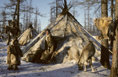 Alnina Serotetto and her mother Ludmilla, Warmly dressed at a Nenets reindeer herders' winter camp. Yamal, Western Siberia, Russia
