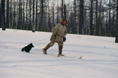Sergei Khudi, a Nenets man, rounding up reindeer with his dog, at their winter pastures in the Yamal. Siberia, Russia.