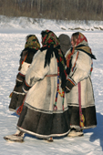 Nenets women in traditional reindeer skin clothing at a Spring festival. Yamal, Siberia, Russia.