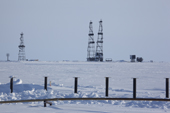 Gas drilling derricks at Sabetta in the Tambey gas field. Yamal Peninsula, Western Siberia, Russia
