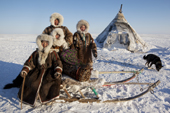 The Vanuito family, Nenets reindeer herders, at their winter camp on the tundra near Tambey. Yamal Peninsula, Western Siberia, Russia