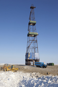 A gas drilling derrick near Tambey in the South Tambey gas field. Yamal Peninsula, Western Siberia, Russia