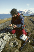Louis Nielsen marking an Eider duck nest. Eholmen Island. Spitsbergen