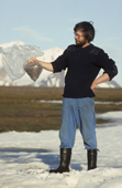 Louis Nielsen holds a bag of compressed Eider down. Eholmen Island. Spitsbergen